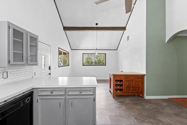 130 Anderson Ln, Red Rock, TX 78662 - kitchen featuring gray cabinetry, a peninsula, dishwasher, light countertops, and beamed ceiling