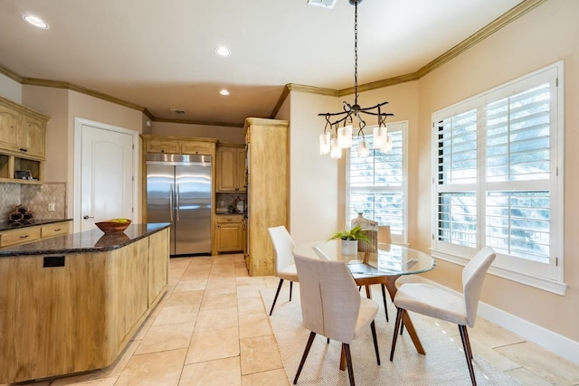 5120 Mansfield View Ct, Austin, TX 78732 - dining area with ornamental molding, healthy amount of natural light, light tile patterned floors, a chandelier, and recessed lighting