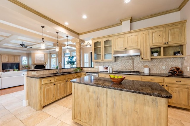 5120 Mansfield View Ct, Austin, TX 78732 - kitchen with crown molding, under cabinet range hood, a peninsula, light brown cabinetry, and appliances with stainless steel finishes