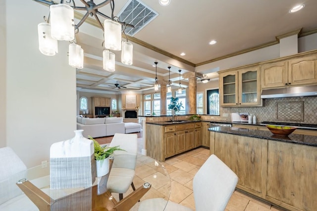 5120 Mansfield View Ct, Austin, TX 78732 - kitchen featuring under cabinet range hood, ornamental molding, a ceiling fan, dark stone countertops, and a peninsula