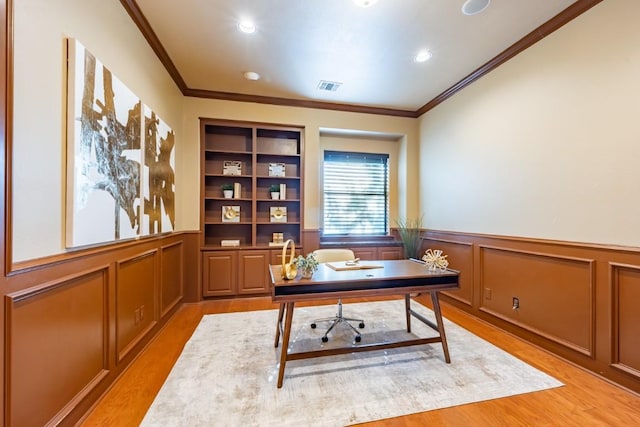 5120 Mansfield View Ct, Austin, TX 78732 - office area featuring ornamental molding, light wood-type flooring, a wainscoted wall, a decorative wall, and recessed lighting