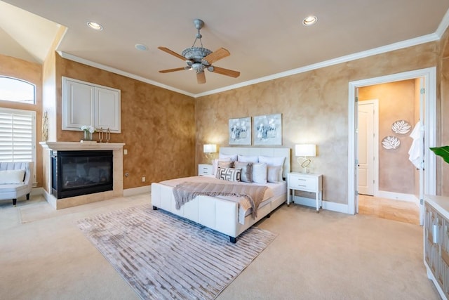 5120 Mansfield View Ct, Austin, TX 78732 - bedroom featuring light carpet, a multi sided fireplace, recessed lighting, ornamental molding, and ceiling fan