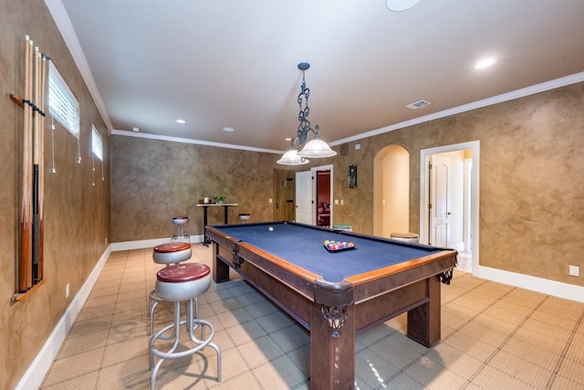 5120 Mansfield View Ct, Austin, TX 78732 - recreation room featuring arched walkways, ornamental molding, billiards table, recessed lighting, and tile patterned floors