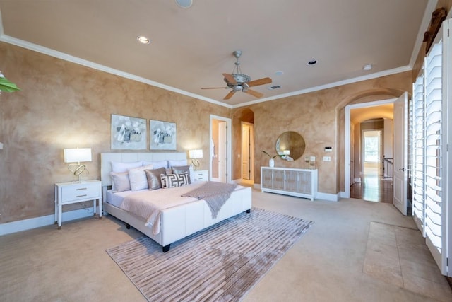 5120 Mansfield View Ct, Austin, TX 78732 - bedroom featuring carpet, arched walkways, ornamental molding, recessed lighting, and ceiling fan