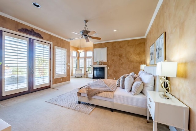 5120 Mansfield View Ct, Austin, TX 78732 - bedroom with access to exterior, light carpet, ornamental molding, french doors, and ceiling fan