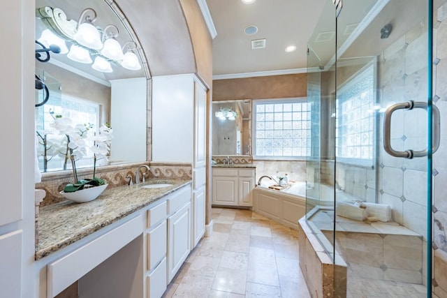 5120 Mansfield View Ct, Austin, TX 78732 - bathroom featuring crown molding, healthy amount of natural light, a stall shower, vanity, and a bath
