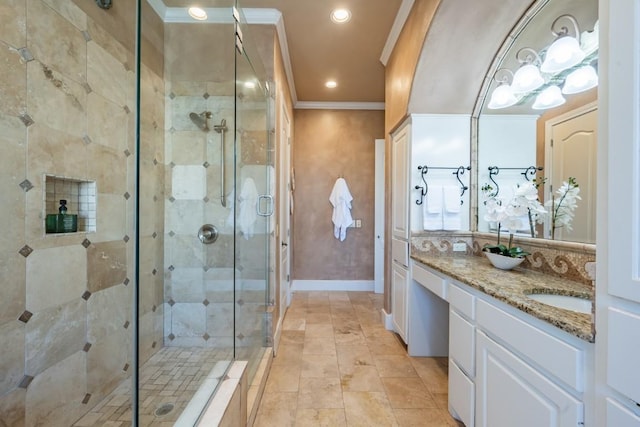 5120 Mansfield View Ct, Austin, TX 78732 - full bath featuring a shower stall, crown molding, double vanity, recessed lighting, and tile patterned floors