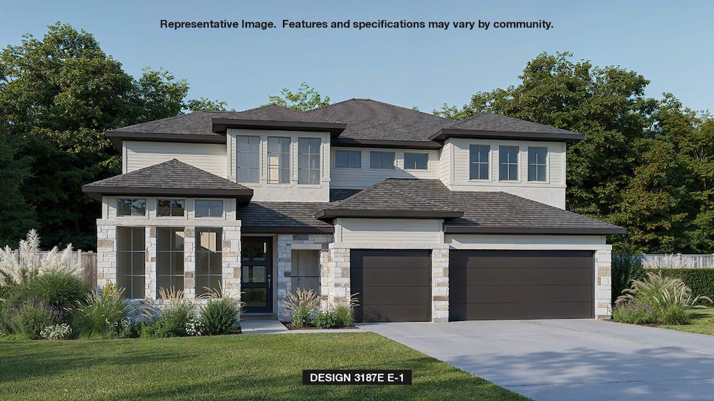 9509 Wiggy Way, Austin, TX 78744 - view of front of house with driveway, stone siding, and an attached garage