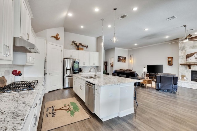 2817 Mossy Springs Dr, Leander, TX 78641 - kitchen with appliances with stainless steel finishes, under cabinet range hood, wood finished floors, open floor plan, and white cabinets