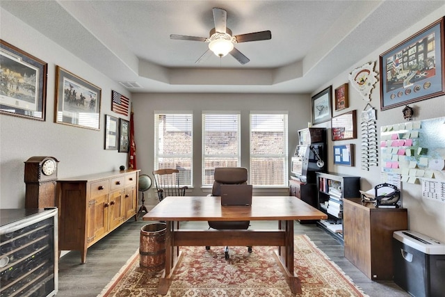 2817 Mossy Springs Dr, Leander, TX 78641 - office area featuring a ceiling fan, wood finished floors, and a tray ceiling