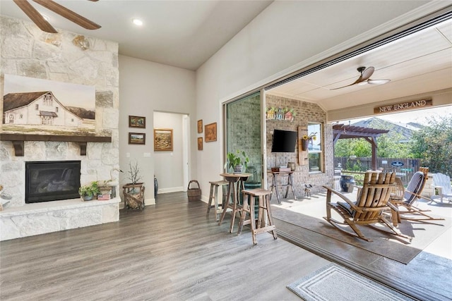 2817 Mossy Springs Dr, Leander, TX 78641 - living area with vaulted ceiling, a ceiling fan, wood finished floors, and an outdoor stone fireplace