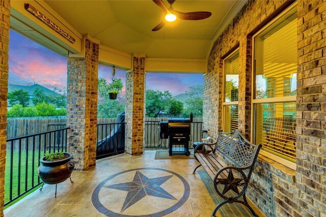 2817 Mossy Springs Dr, Leander, TX 78641 - balcony with a grill and a ceiling fan