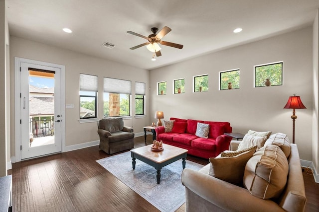 29 Prestonwood Cir, Lakeway, TX 78734 - living area with plenty of natural light, a ceiling fan, dark wood-type flooring, and recessed lighting
