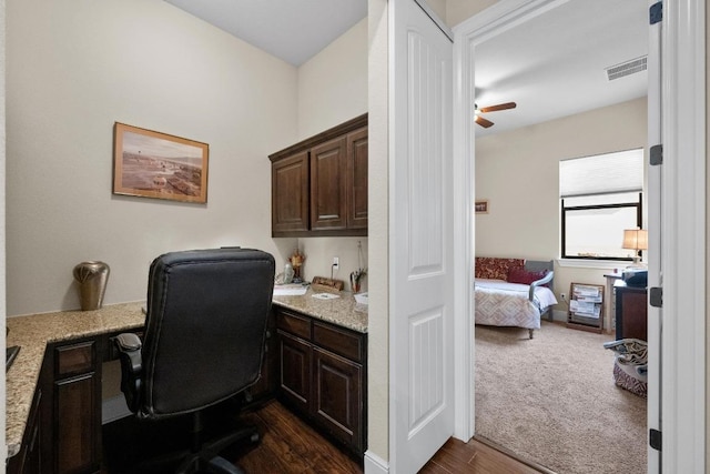 29 Prestonwood Cir, Lakeway, TX 78734 - office area featuring a ceiling fan and dark wood finished floors