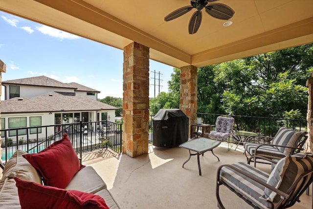 29 Prestonwood Cir, Lakeway, TX 78734 - patio / terrace with grilling area, a ceiling fan, and an outdoor hangout area