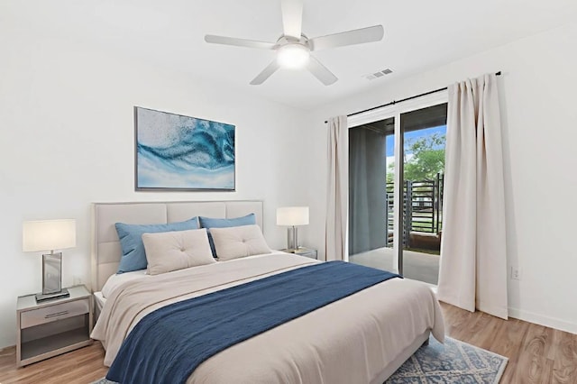 4801 Springdale Dr Unit 2010, Austin, TX 78723 - bedroom with access to exterior, light wood finished floors, and ceiling fan