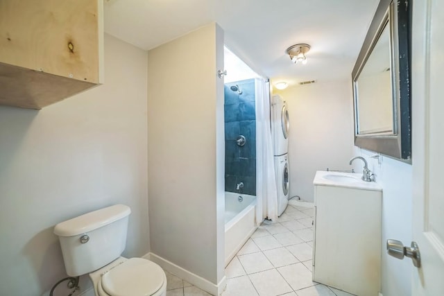 15102 Iowa St, Austin, TX 78734 - full bathroom with stacked washer and clothes dryer, vanity, tile patterned floors, and shower / bathtub combination with curtain