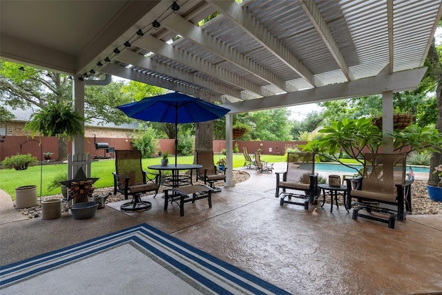 35 Forest Mesa, Round Rock, TX 78664 - fenced backyard with a pergola, outdoor dining area, and a patio area