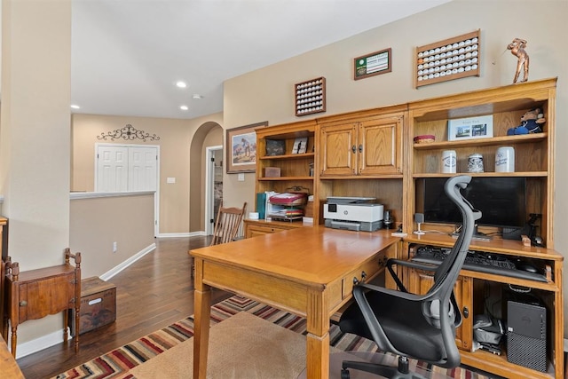 35 Forest Mesa, Round Rock, TX 78664 - office featuring arched walkways, dark wood-type flooring, and recessed lighting