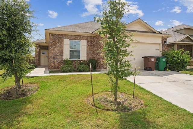18430 Stevie Ray Dr, Round Rock, TX 78664 - ranch-style home featuring driveway, a garage, a front lawn, and brick siding