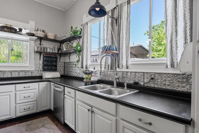 404 E 9th Ave, Belton, TX 76513 - kitchen featuring open shelves, white cabinetry, dark countertops, backsplash, and stainless steel dishwasher