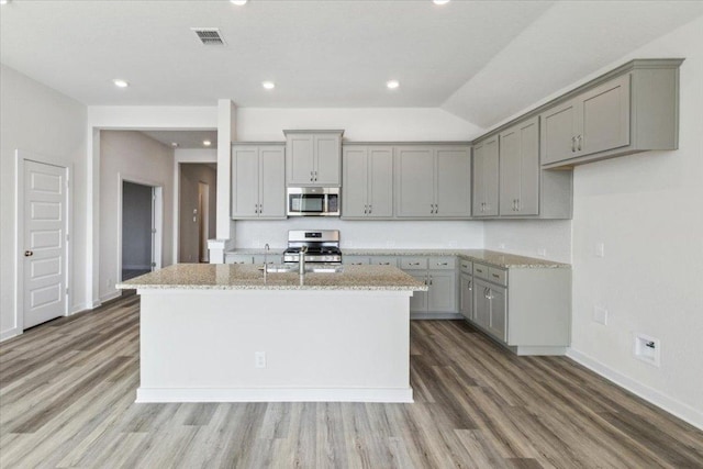 241 Snowbell St, San Marcos, TX 78666 - kitchen with gray cabinets, appliances with stainless steel finishes, wood finished floors, and recessed lighting