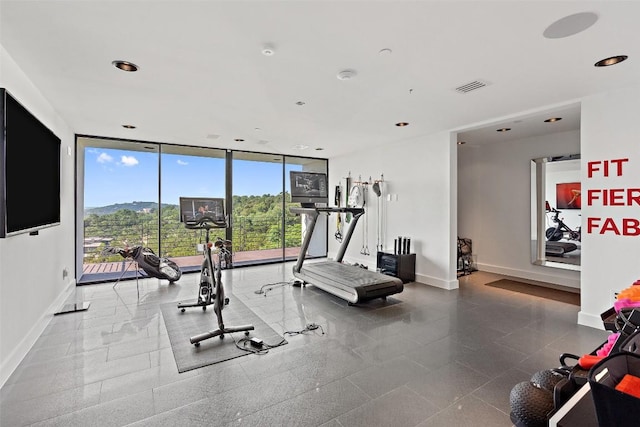 1501 Ridgecrest Dr, Austin, TX 78746 - exercise room featuring a wall of windows and recessed lighting