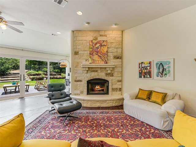167 Manawianui Dr, Bastrop, TX 78602 - living area with a ceiling fan, a fireplace, and recessed lighting