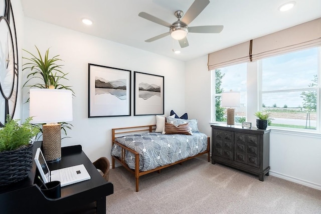 1425 Purple Martin Dr, Pflugerville, TX 78660 - bedroom featuring light carpet, an office area, recessed lighting, and ceiling fan