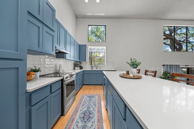 702 California Blvd Unit 702, New Braunfels, TX 78130 - kitchen with electric range, under cabinet range hood, blue cabinetry, light countertops, and light wood-style flooring