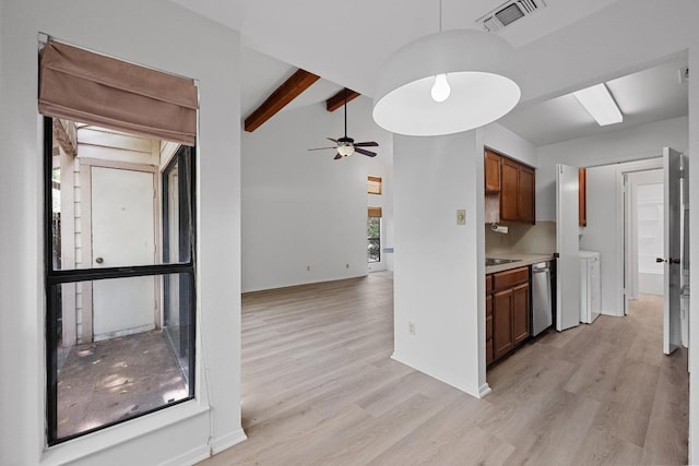 3801 Menchaca Rd Unit 6, Austin, TX 78704 - kitchen featuring stainless steel dishwasher, light wood-type flooring, a ceiling fan, beamed ceiling, and light countertops