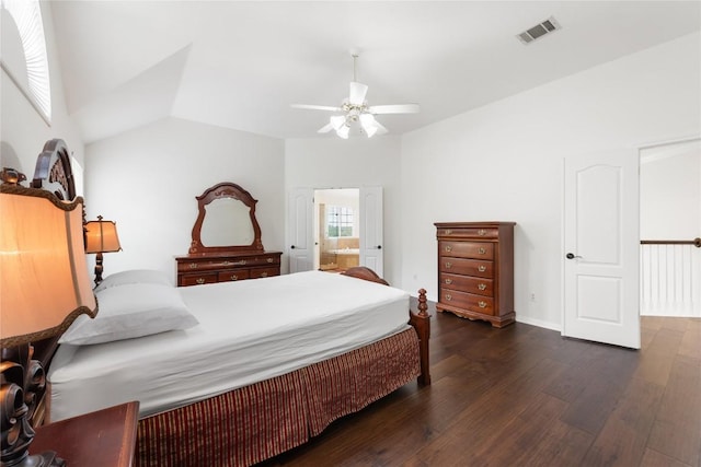 9527 Indigo Brush Dr, Austin, TX 78726 - bedroom featuring dark wood-style floors, ceiling fan, ensuite bathroom, and vaulted ceiling