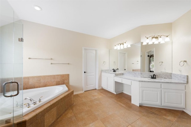 9527 Indigo Brush Dr, Austin, TX 78726 - full bath featuring a bath, double vanity, a shower stall, and tile patterned flooring