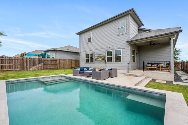7808 Glover Dr, Austin, TX 78744 - back of house with an outdoor hangout area, ceiling fan, a fenced backyard, and a patio