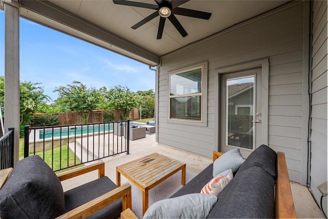 7808 Glover Dr, Austin, TX 78744 - fenced backyard featuring an outdoor living space, a ceiling fan, and a patio area