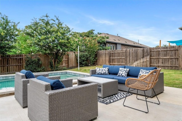7808 Glover Dr, Austin, TX 78744 - fenced backyard with an outdoor living space, a jacuzzi, and a patio area