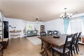 5516 Birmingham Dr, Killeen, TX 76542 - dining area featuring wood finished floors, a chandelier, and ceiling fan