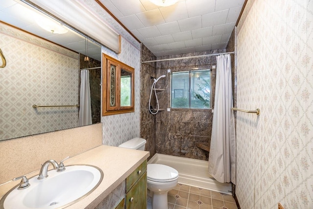 705 Dunning St, Gonzales, TX 78629 - full bathroom with wallpapered walls, tile patterned floors, tiled shower, and vanity