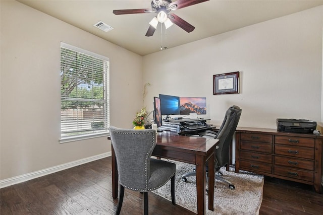 3713 Glastonbury Trl, Pflugerville, TX 78660 - office area featuring a ceiling fan and dark wood-type flooring