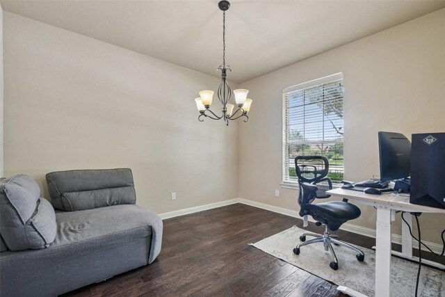 3713 Glastonbury Trl, Pflugerville, TX 78660 - office area featuring a chandelier and dark wood finished floors