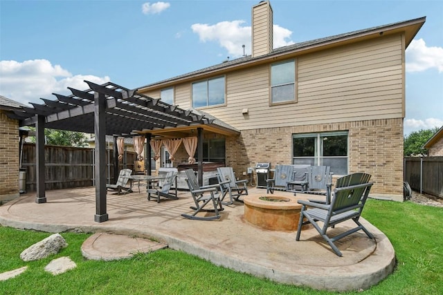 3713 Glastonbury Trl, Pflugerville, TX 78660 - rear view of house with an outdoor fire pit, a pergola, brick siding, a fenced backyard, and a patio