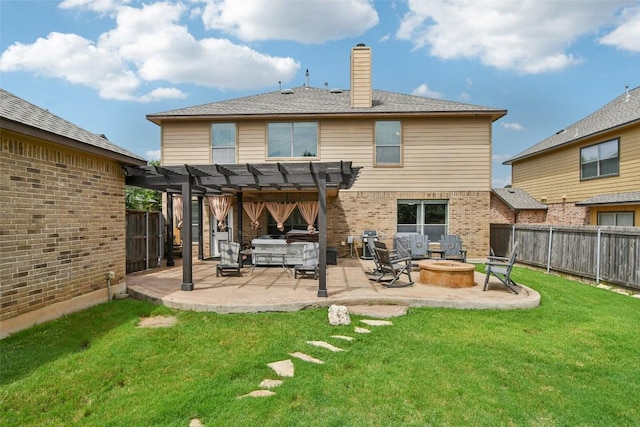 3713 Glastonbury Trl, Pflugerville, TX 78660 - rear view of property featuring an outdoor fire pit, a patio area, a fenced backyard, a chimney, and a pergola