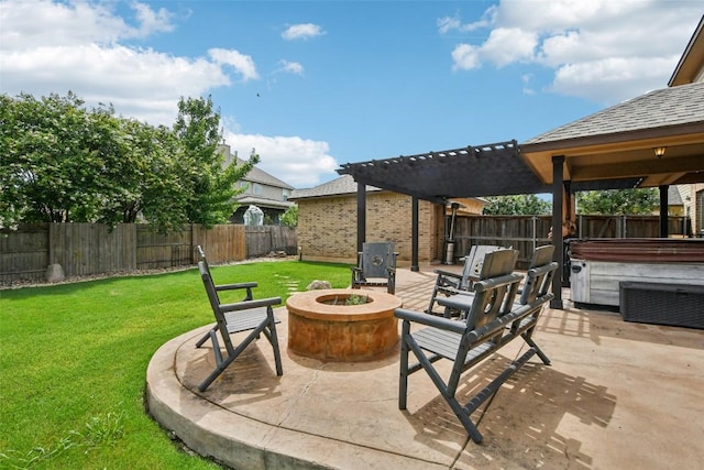 3713 Glastonbury Trl, Pflugerville, TX 78660 - fenced backyard featuring a hot tub, a fire pit, and a patio area