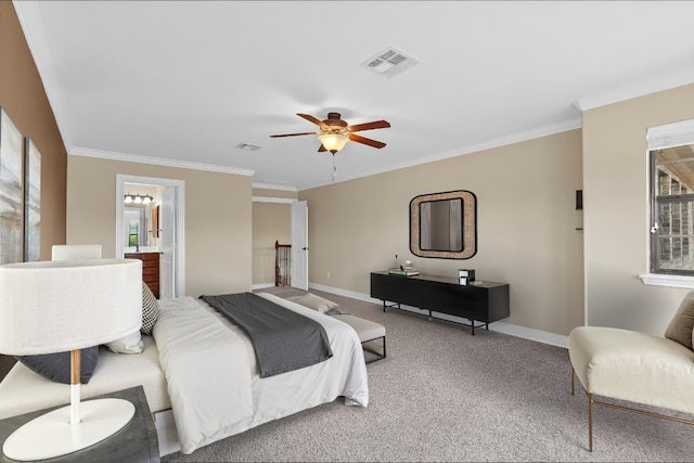 301 Wye Oak St, Austin, TX 78748 - carpeted bedroom with ornamental molding, a ceiling fan, and ensuite bathroom