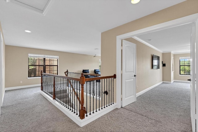 301 Wye Oak St, Austin, TX 78748 - hall featuring carpet floors, crown molding, an upstairs landing, and recessed lighting