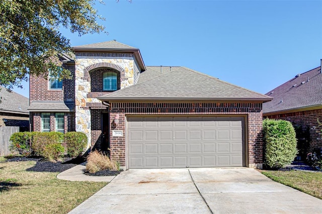 2836 Garnet Ridge Dr, Leander, TX 78641 - french country inspired facade featuring brick siding, a shingled roof, concrete driveway, and a garage