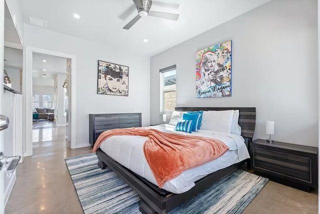 4314 Jinx Ave Unit A, Austin, TX 78745 - bedroom with finished concrete flooring, multiple windows, recessed lighting, and a ceiling fan