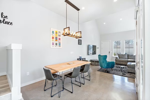 4314 Jinx Ave Unit A, Austin, TX 78745 - dining room featuring finished concrete floors, a chandelier, high vaulted ceiling, and recessed lighting