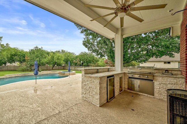 19709 Vilamoura St, Pflugerville, TX 78660 - fenced backyard featuring area for grilling, a patio, a ceiling fan, and a pool with connected hot tub