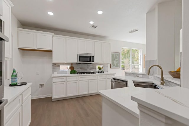 811 Zappa Dr, Cedar Park, TX 78613 - kitchen featuring stainless steel appliances, white cabinetry, light stone counters, backsplash, and light wood-style flooring